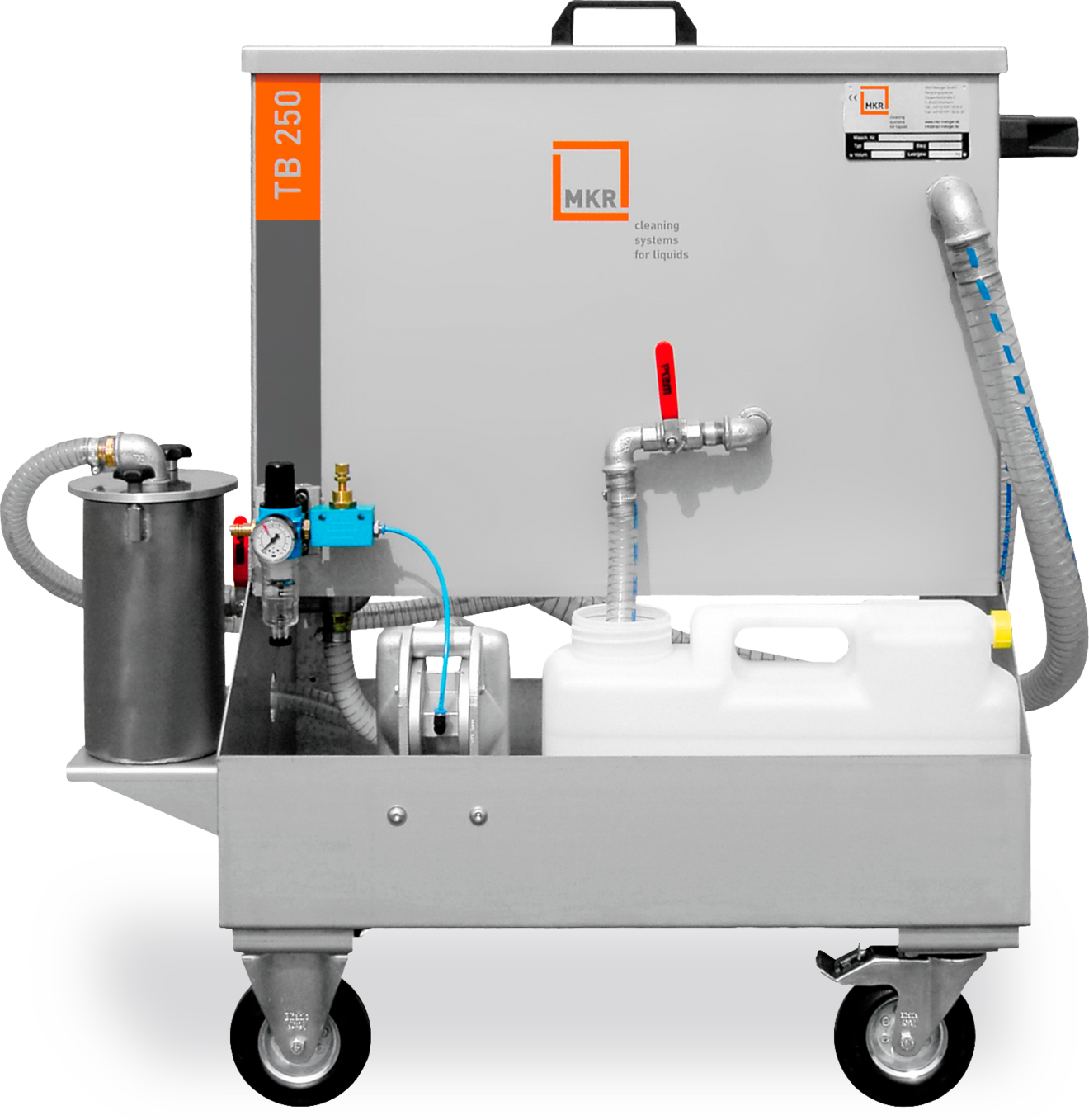 The mobile or stationary TB 250 tramp oil separator from MKR Metzger works according to the coalescence principle. With a throughput capacity of 250 litres per hour, tramp oils can be effectively separated from washing media or cooling lubricants.