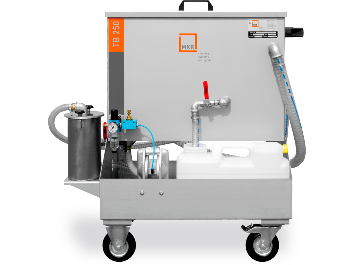 The mobile or stationary TB 250 tramp oil separator from MKR Metzger works according to the coalescence principle. With a throughput capacity of 250 litres per hour, tramp oils can be effectively separated from washing media or cooling lubricants.
